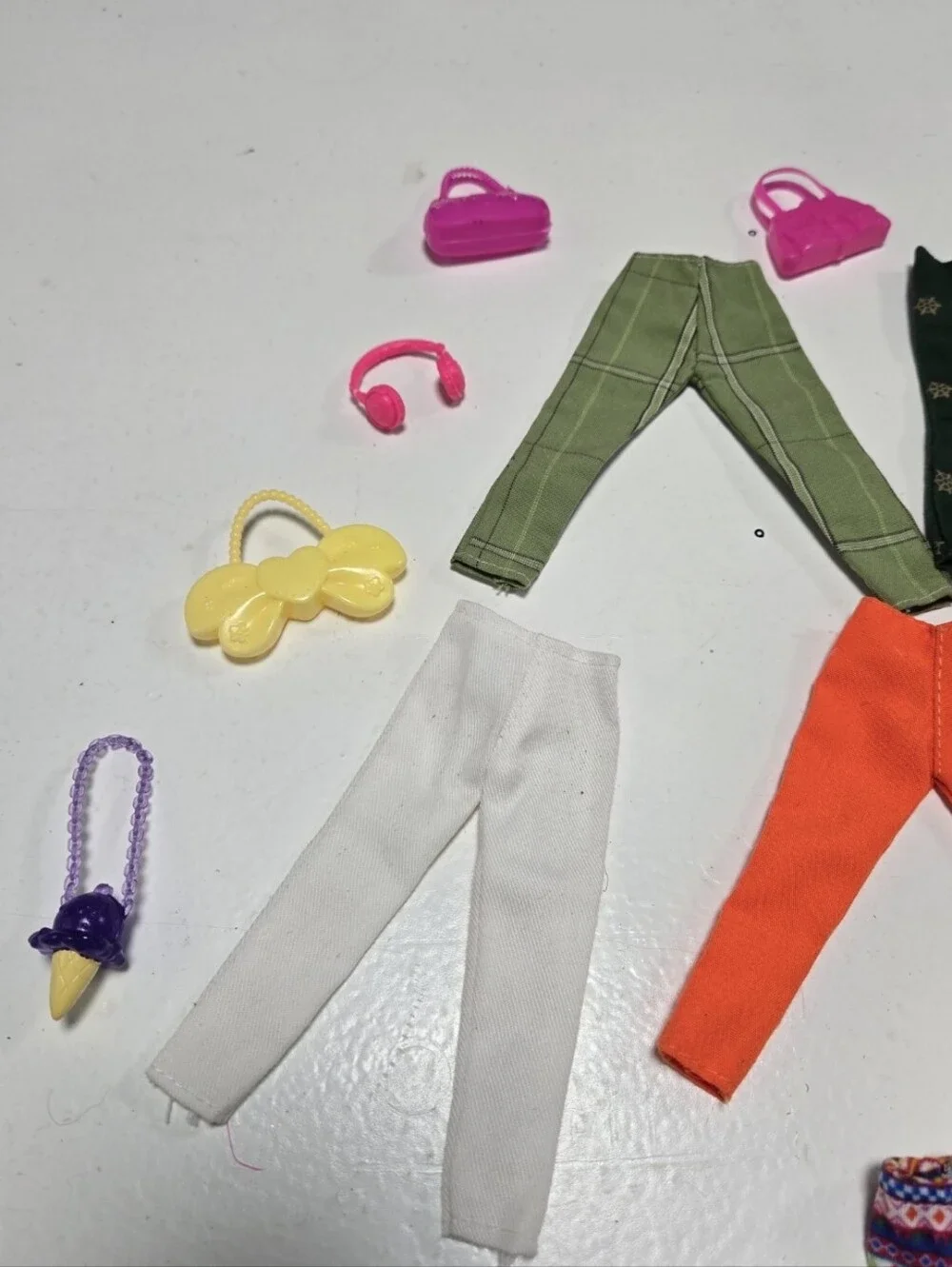 Barbie Doll Clothes 6 pants, 3 leggings, 3 shorts, 6 purses, 1 headphones
